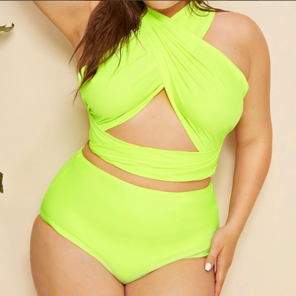 Neon Green Convertible Wrap Halter top with high waist bikini set- Plus size